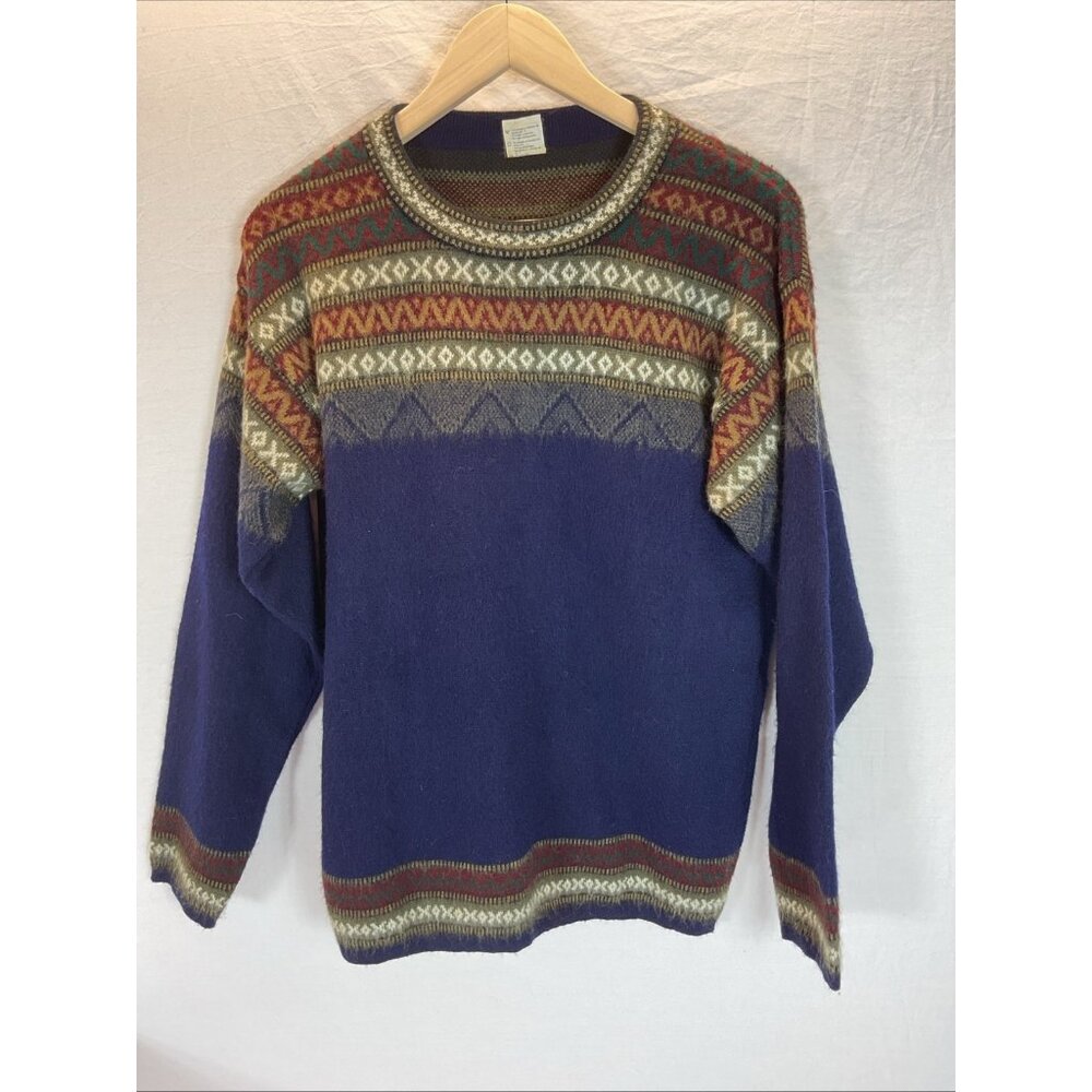 Aly Marka Llama Women’s LG Wool crew neck Pullover fair isle warm Navy Blue‎